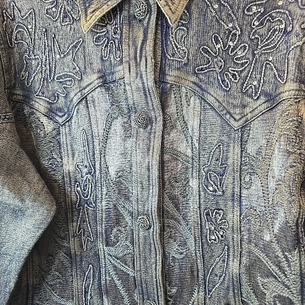 Vintage Flashback Jacket Metallic Blue Floral Detail Lace Embroidered Sequins XL